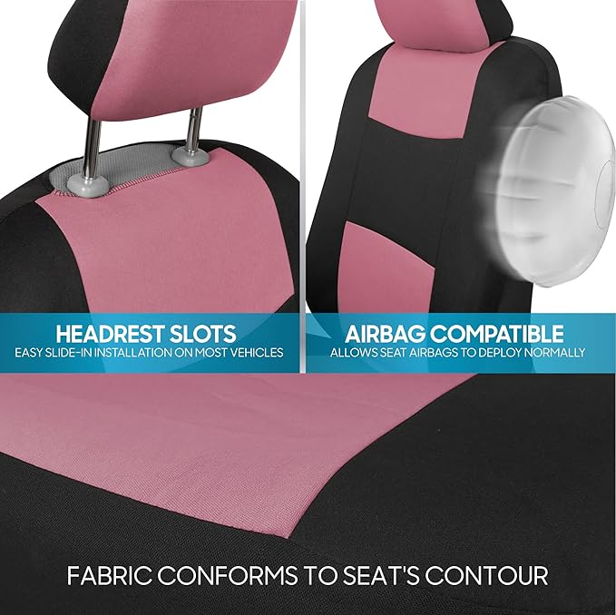 BDK PolyPro Car Seat Covers Full Set in Pink on Black, Front and Rear Split Bench Seat Covers for Cars, Easy to Install Car S