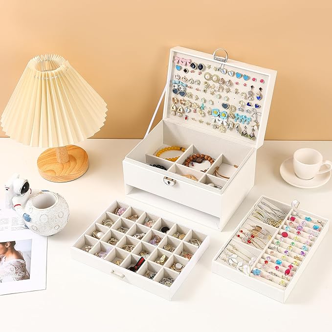 BOOVO Earring Jewelry Box For Women Girl Stud Organizer, 5 Layers Girl Jewelry Organizer Box With Lock Earring Holder Organiz