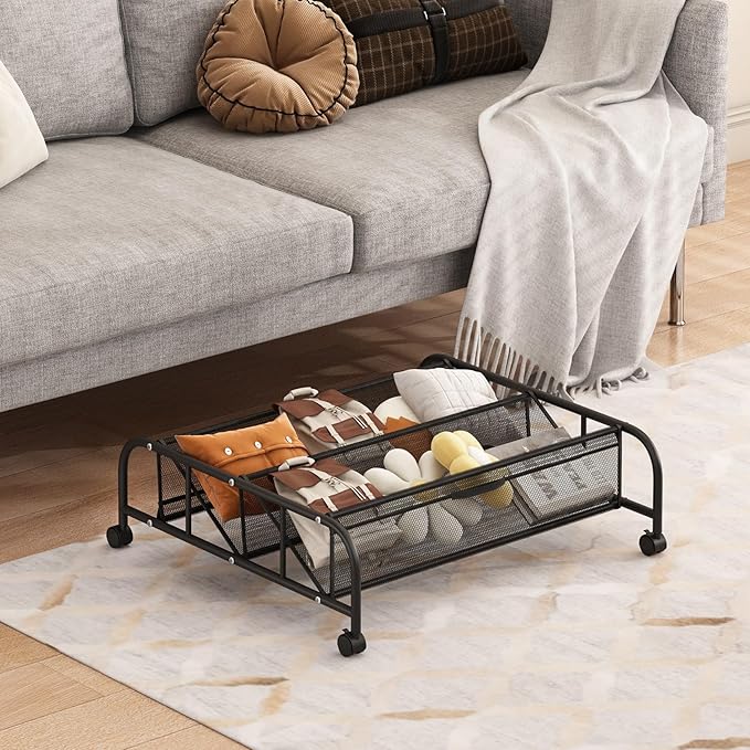 2 Tier Shoe Rack Underbed Organizer Storage Rack with Wheels Woven Mesh Cloth Shoe Organizer Drawer Space Saving for Bedroom 