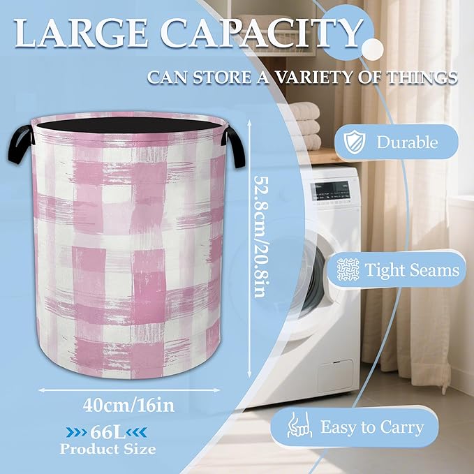 Pink Plaid Laundry Basket Collapsible Laundry Hamper with Handle, Oxford Clothes Toy Storage Bin for Bathroom Bedroom Room De