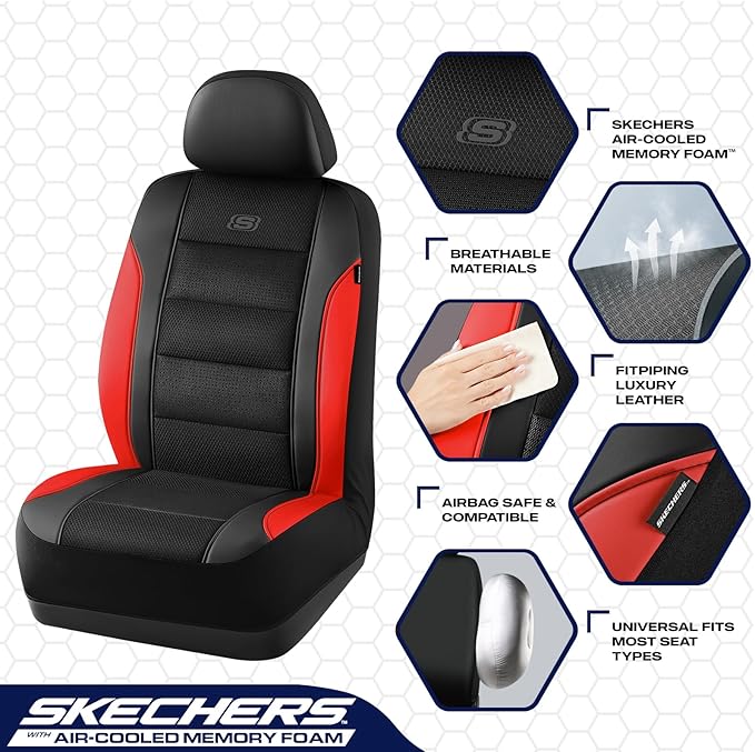 Skechers Aircooled & Memory Foam Seat Covers,Premium Leather with EVA Mesh Car Seat Covers,Seat Cover Full Sets,Airbag Compat