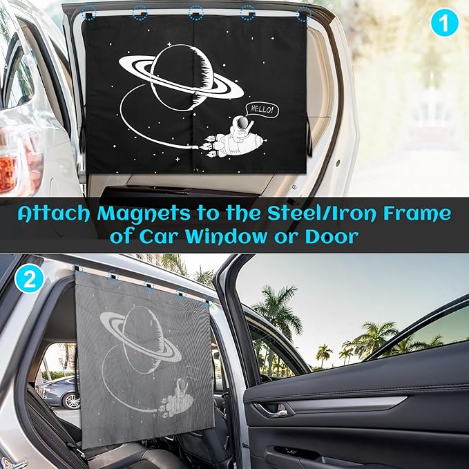 Magnetic Car Window Shades, 2 Packs Car Sun Shades for Baby, 2 Layers for Blackout/See Through Options Space Pattern Side Window Curtain for Kids Heat/UV Blocker