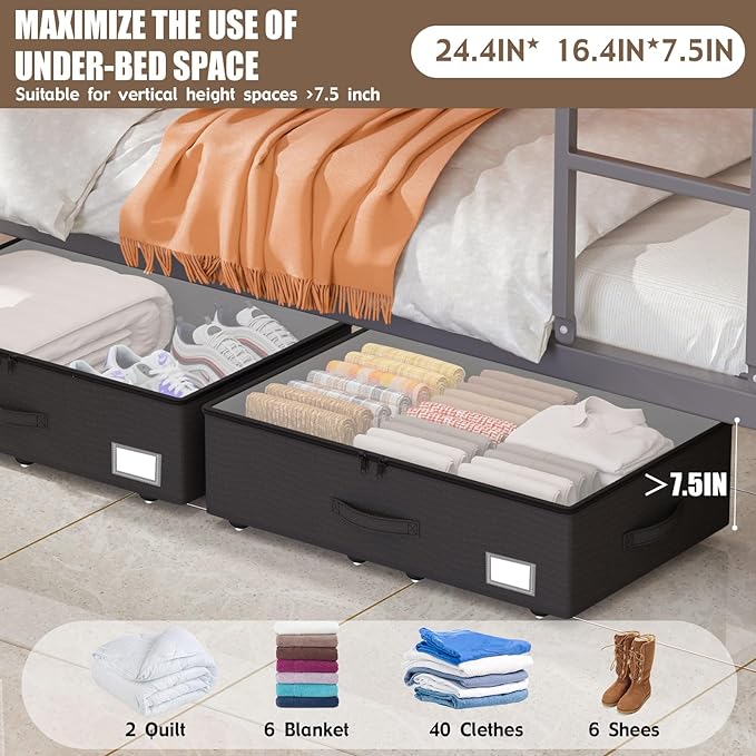 Underbed Storage Bins with Wheels, No Assembly Required - 7.5 inch height Black Large Capacity Rolling Underbed Containers fo