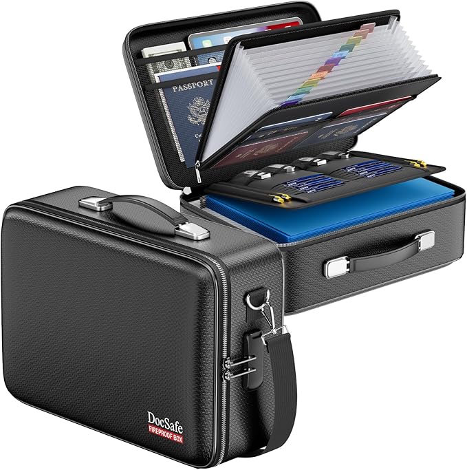 DocSafe Fireproof Document Box with Lock＆Shoulder Strap, Hard-Shell Case File Organizer with Accordion File Folder, Multi-Lay