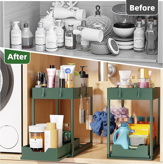 Simple Trending Under Sink Organizer 2 Pack, Sink Pull-Out Sliding Storage Cabinet, 2-Tier Under Shelf Organizer for Kitchen 