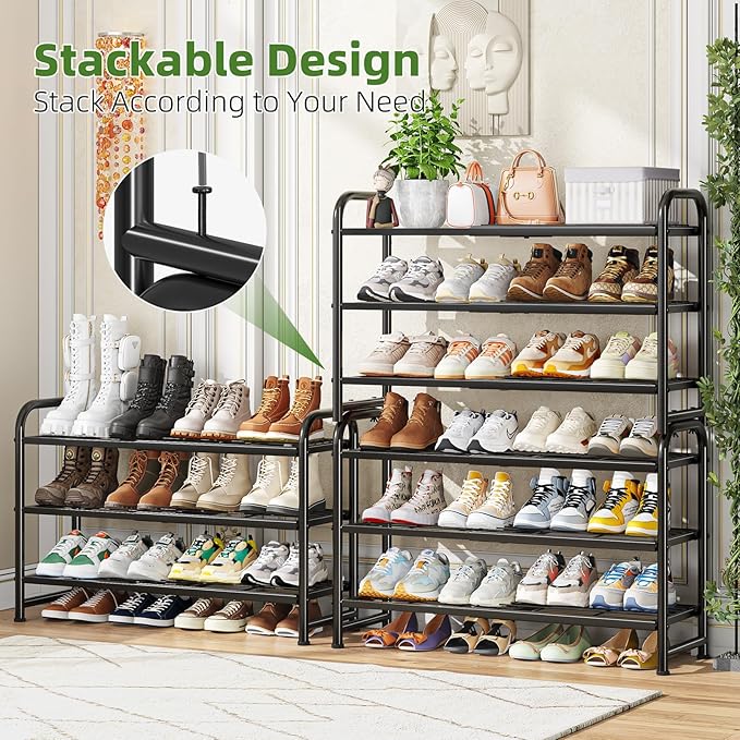 Simple Trending 3-Tier Expandable Shoe Rack, Stackable Shoe Shelf Storage, Metal Free Standing Shoe Organizer for Closet Entr