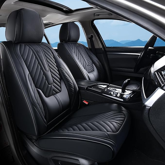 Coverado Seat Covers Full Set, Luxury Leather Car Seat Covers for Car with Lumbar Support, Automotive Seat Covers Waterproof 