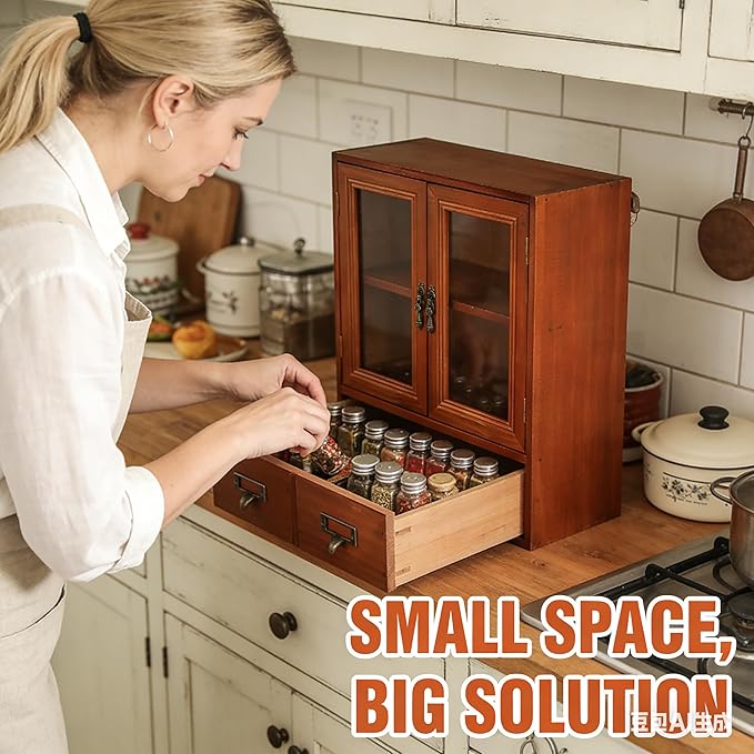 Rustic Vintage Mini Pine Counter Top Cabinet - 12" L x 4.7" W x 14" H with 2 Doors & 2 Drawers, Antique Apothecary Spice Cabi
