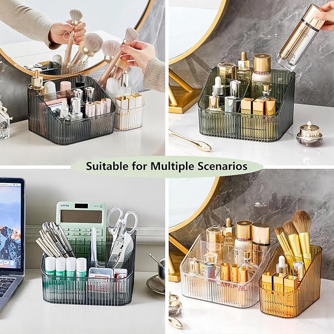 DASITON Large Capacity Makeup Brush Holder,5 Slot Makeup Brush Cup,Vintage striped Make Up Brush Holder,for Vanity Decor,Bath