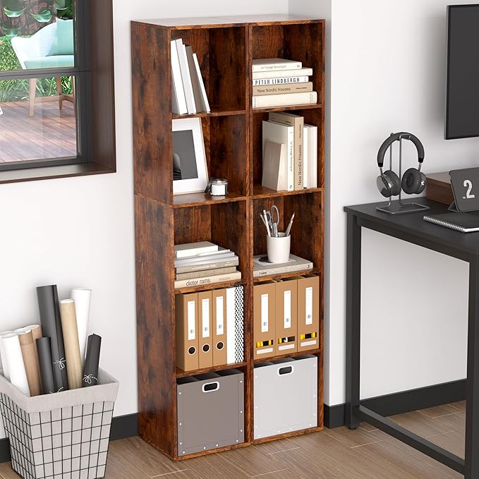 Cube Storage Organizer, 5 Cube Retro Bookshelf, Freestanding 5 Tier Open Shelf, Rustic Brown Retro Shelves for Home Office, B