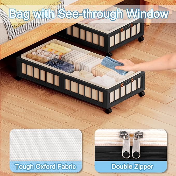 efluky 2-Pack Bamboo Under Bed Storage with Wheels, Rolling UnderBed Storage Basket with Large Dust Bag, Under Bed Storage Co