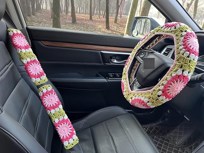 Crochet Sunflower Car Steering Wheel Covers Universal 14-15 inch for Women/Men (A:Wheel Cover+2 Belt Cover)