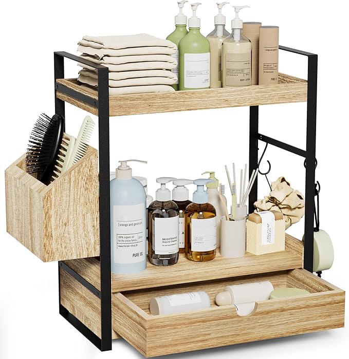 2-Tier Bathroom Counter Organizer with Drawer and Basket, Wood Countertop Organizer for Storage, Skincare Organizers for Vani