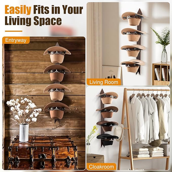 Cinati Cowboy Hat Rack, Cowboy Hat Holder Wall Mount Holds up to 4 Hats, Wooden Western Rustic Metal Cowboy Hat Hanger with A