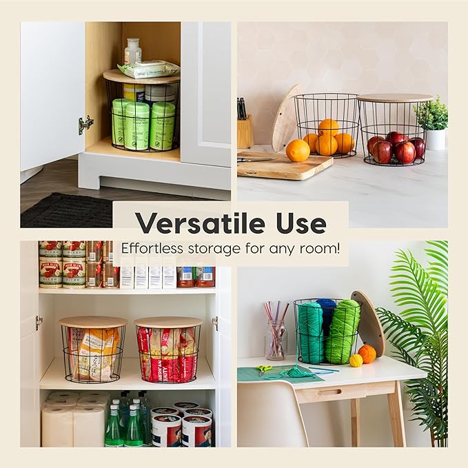 IRIS USA Round Wire Basket with Wooden Lid, 2 Pack, Potato Onion Vegetable Storage, Nestable Storage Bins, Water Resistant Su