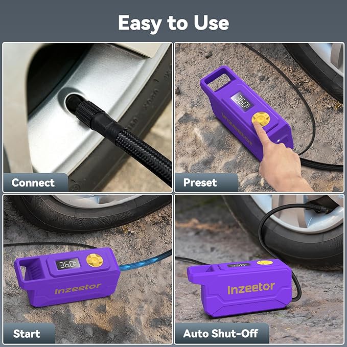 150 PSI Tire Inflator Portable Air Compressor, 12V DC Auto Shutoff Air Pump with Digital Pressure Gauge and Emergency LED Light for Car Tires, Bicycle & Balloons, Purple