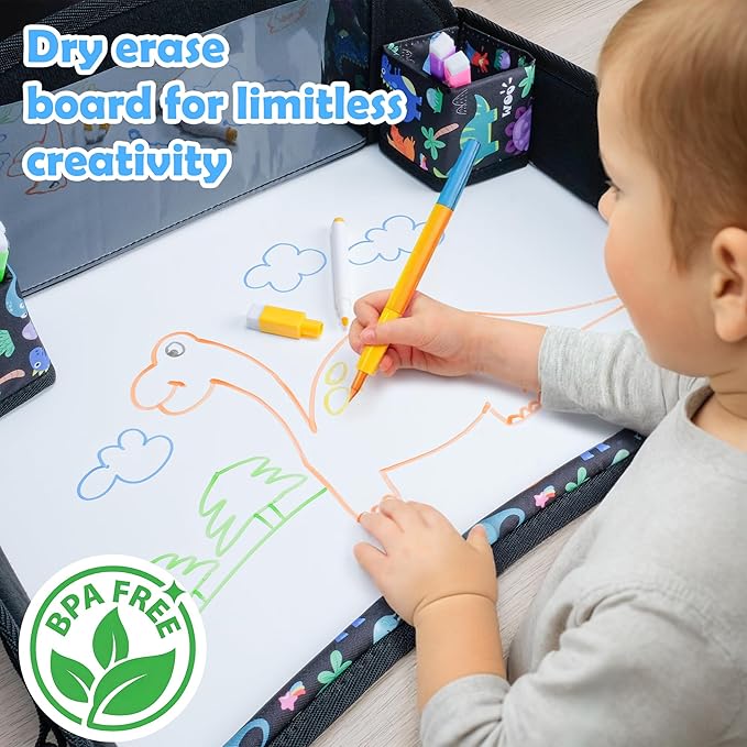 2Pcs Kids Travel Tray for Toddler Carseat, Road Trip Activities Essentials for Toddler, Kids Lap Desk Tray with Tablet Holder Stand ＆ Dry Erase Board (Dinosaur-2Pcs)