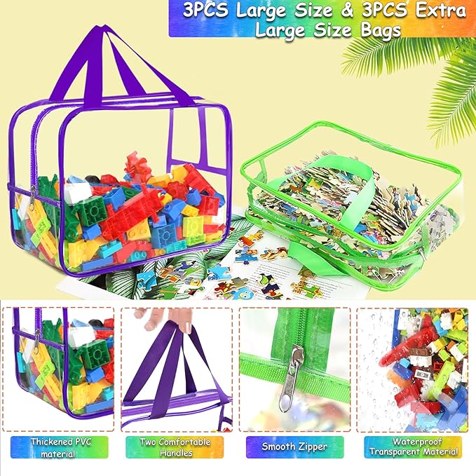 6 Colors Large Toy Storage Bags with Labels, Reusable Clear PVC Board Game Storage, Travel Waterproof Organizer Bags with Zip