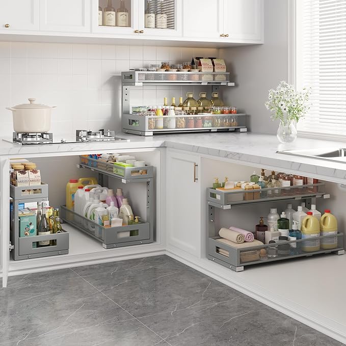 1 Pack 20.47IN Depth Under Sink Storage Organizer, Large 2-Tier Elegant Mesh Pull Out Shelf for Kitchen and Bathroom Cabinet 