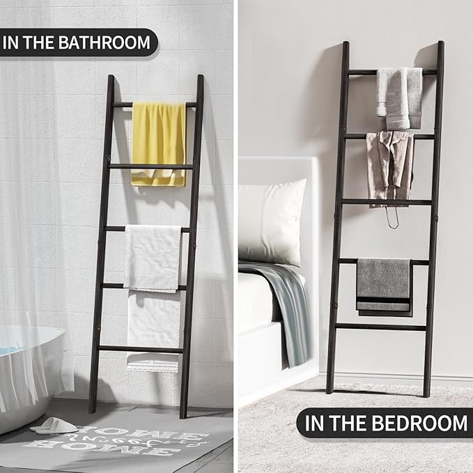 XLHOMO Blanket Ladder for Living Room, 5-Tier Wooden Ladder Shelf, Rustic Decorative Blanket Rack for Blankets, Quilts, Farmh