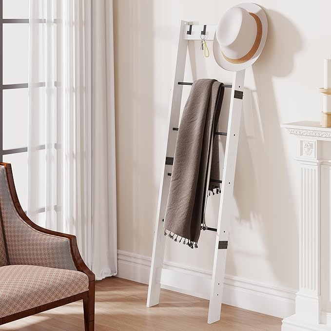 TRIFEBLE 6 Tier Blanket Ladder Shelf for Living Room and Bedroom, Ladder Holder with 4 Metal Hooks, 5.2ft Blanket Quilt Holde
