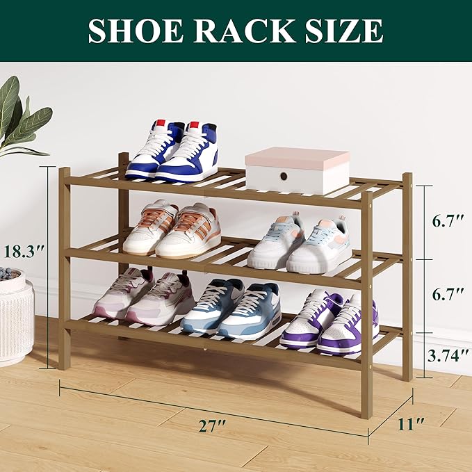 Smiry Bamboo Shoe Rack for Closet, 3 Tier Wooden Stackable Shoe Organizer, Free Standing Shoes Storage Shelf for Entryway, Fr