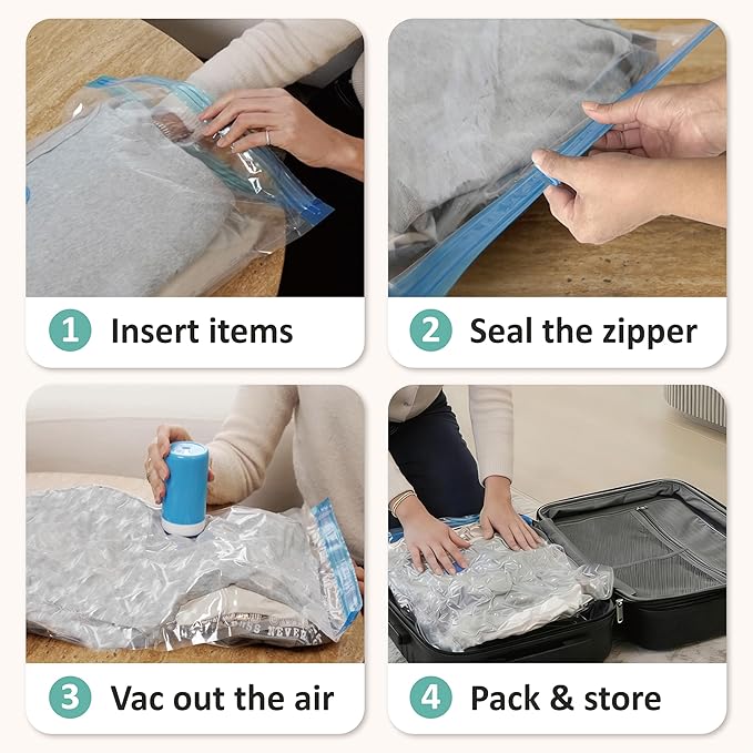 Cozy Essential Travel Vacuum Storage Bags with Rechargeable Cordless USB Pump, Space Saver Bags for Luggage, Suitcase, Carry-