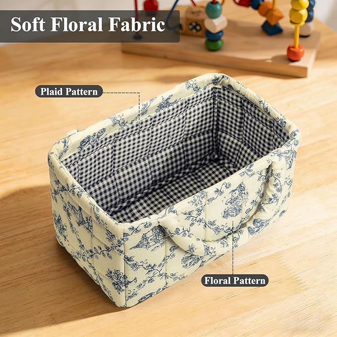 Small Storage Basket Organizer, Mini Fabric Floral Storage Baskets with Handle, Quilted Portable Collapsible Storage (Vine-Bl