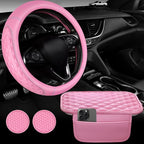 CAR PASS 3D Rhombus Leather Steering Wheel Cover Car Accessories Set, Comfortable Center Console Armrest Cushion with Storage Bags 2 Non-Slip Cup Coasters, 14.5-15in Cute Car Interior Sets, 4 PCS Pink