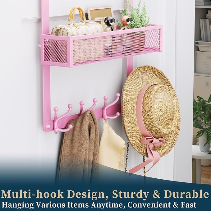 Consumest Over The Door Hooks Organizer - Over Door Hanger with 16 Hooks & 2 Baskets for Hanging Coat, Clothing, Towel, Back 