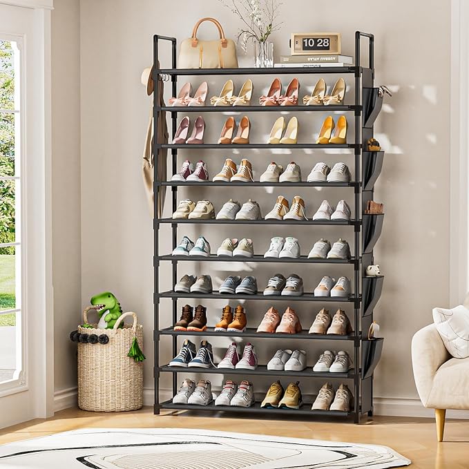 LUKYTOWER Tall Shoe Rack 10 Tier Shoe Racks Organizer for Closet 40-45Pairs,Large Capacity Storage Rack for Shoes with 5Hooks
