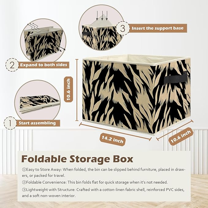Black and Beige Abstract Storage Box Bins, Boho Modern Abstract Zebra Striped Collapsible Storage Basket Organizer for Bedroo