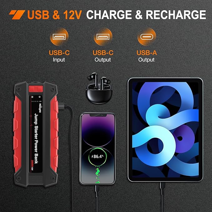 Nilight 2000A Car Battery Jump Starter for Up to 8.0L Gas & 7.0L Diesel Engines 12V Portable Jump Start Booster Pack Jump Box with Jumper Cables DC Output and LED Light