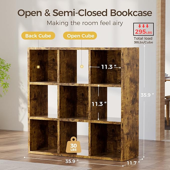 COMHOMA 9 Wood Cube Storage Organizer with Open Back and Removable Back Panels, 11In Brown Cube Storage Bookshelf, Cubicle Sh