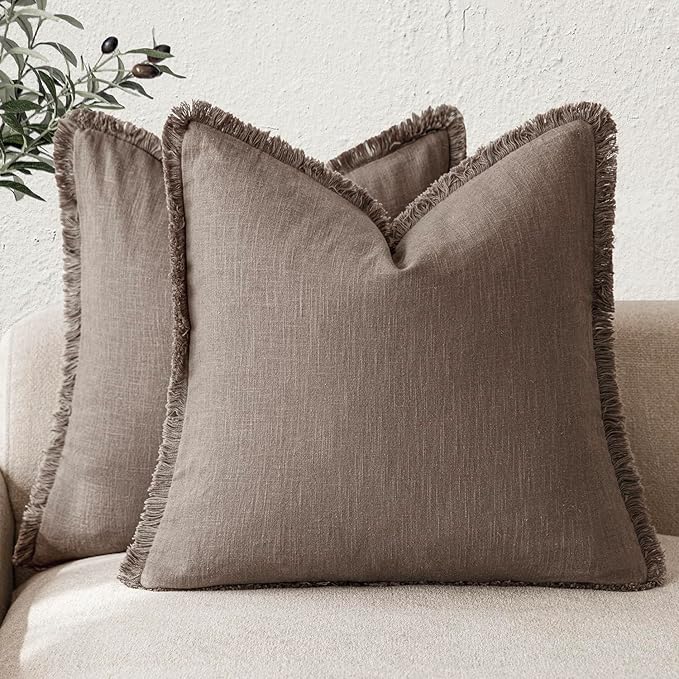 Foindtower Set of 2 Decorative Linen Fringe Throw Pillow Covers Cozy Farmhouse Cushion Cover with Tassels Accent Pillowcase f