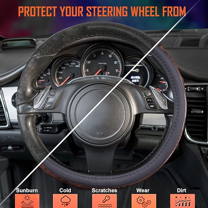 CAR PASS Wood Grain Microfiber Leather Steering Wheel Cover, Universal Fit for 14 1/2-15 inch Black Steering Wheel, Anti-Skip