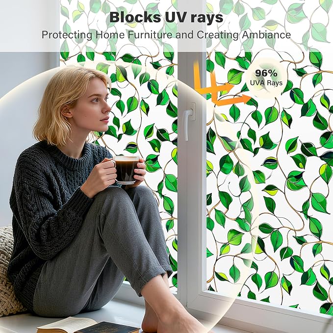 Donox Window Privacy Film, Decorative Frosted Static Cling Window Tint for Privacy, Home Decor Bathroom Door & Car Sticker, Adhesive-Free, Removable, UV Protection(Green Foliage, 17.5 x 157.4 inches