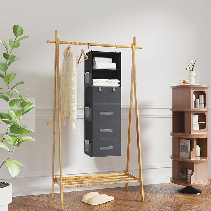 6-Shelves Hanging Closet Organizer with 5 Different Drawers, Foldable Organizers and Storage for Wardrobe, Closet& RV, Clothe