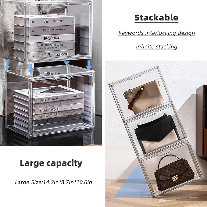 Clear Acrylic Display Case, Stackable Plastic Storage Bins with Magnetic Attraction Lid, Showcase for Cosmetic, Large Figures