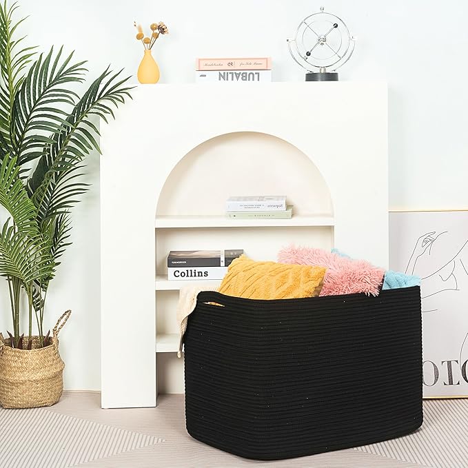 MINTWOOD Design 112L Extra Large Blanket Basket Holder Living Room, 25"x17"x16" Rectangle Rope Woven Storage Basket with Hand