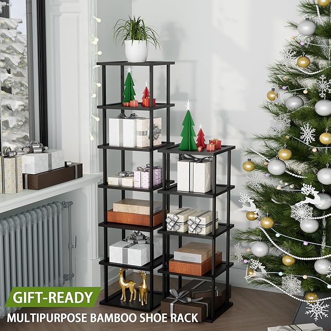 Vertical Tall Shoe Rack Organizer for Entryway -12 Tier Free Standing Slim Narrow Bamboo Wood Corner Stackable Shoe Boots Sto