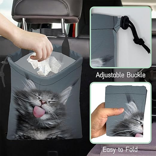 Adorable Cat Car Garbage Bag,Kitten Yawning Waterproof Small Car Trash Bag Hanging Back of Seat,Drawstring Hanging Car Trash Bag with Adjustable Buckle for Car Accessories