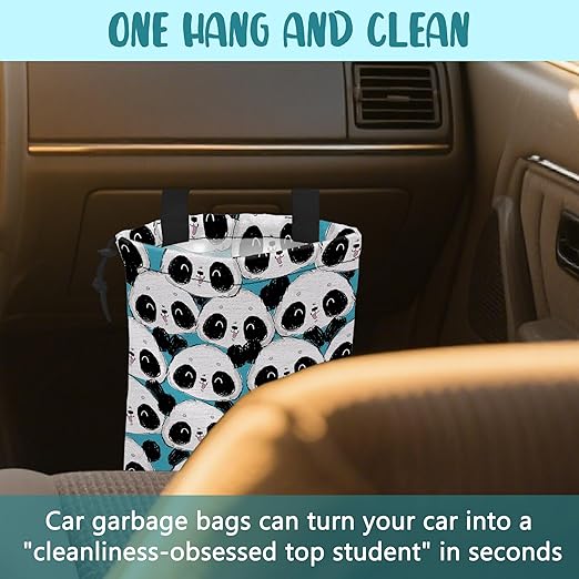 Car Garbage Bag Cute Panda Hanging Canvas Car Trash Bag Waterproof Drawstring Car Back Seat Organizer for Car Back Front Seat Console with Adjustable Buckle