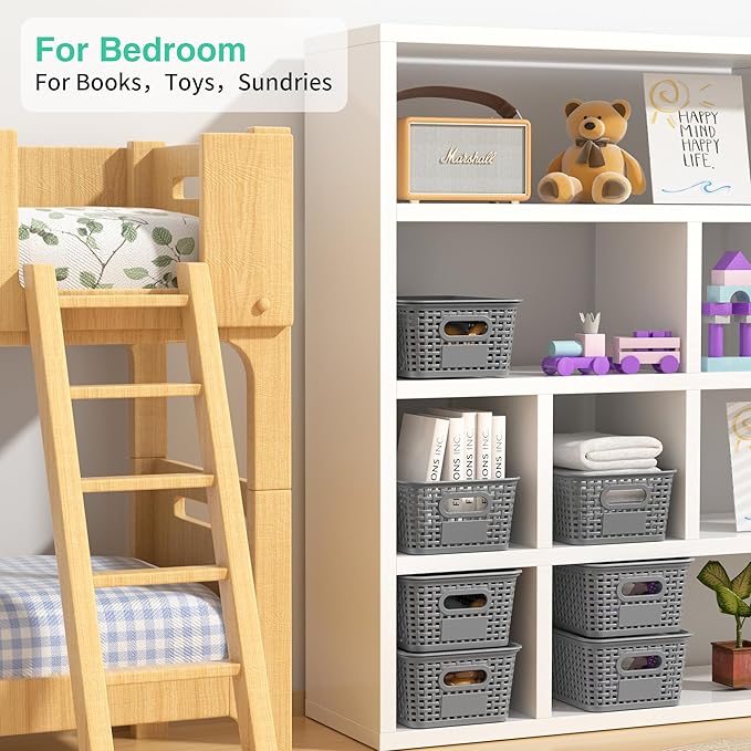 8-Pack Grey Plastic Storage Baskets with Lids, Label Organizers, Stackable Organizer Containers: For Organizing Shelves, Draw