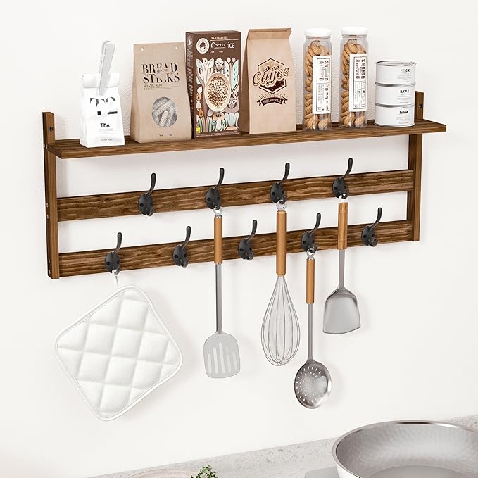 AMBIRD Coat Rack Wall Mount with Shelf, 29" Coat Hooks Wall Mounted with 9 Metal Hooks for Entryway, Bathroom, Bedroom, Livin