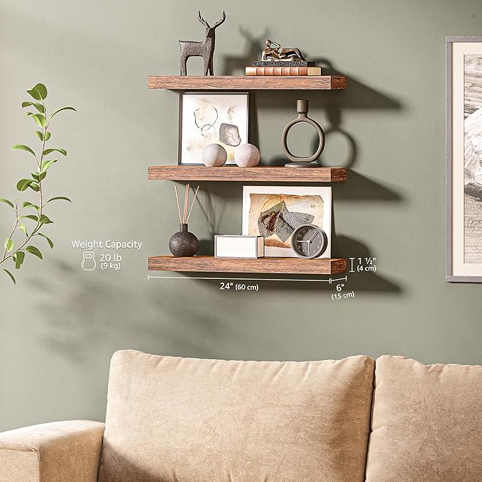 Ballucci Floating Shelves for Wall, 24" Wood Shelf Set of 3, Invisible Brackets Floating Shelf for Wall Decor Living Room, Ba