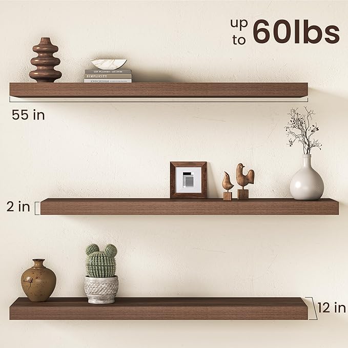 Walnut Floating Shelves 55Inch Long, 12 Inch Deep Floating Shelves for Wall, 55 x 12 Large Floating Shelf for Fireplace Mante
