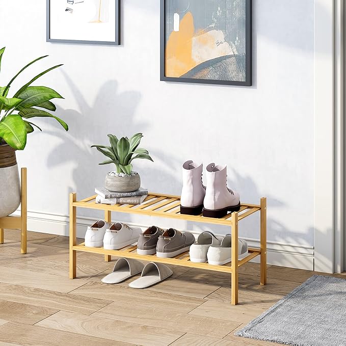 BMOSU 2-Tier Bamboo Shoe Rack Premium Stackable Shoe Shelf Storage Organizer for Hallway Closet Living Room Entryway Organize