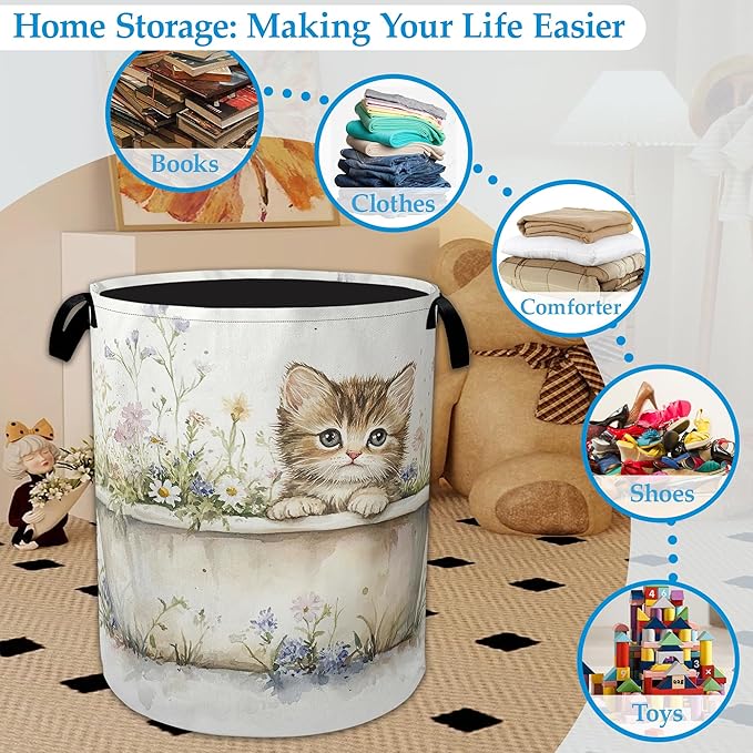 Cute Cat Laundry Hamper Bathtub Flowers Laundry Basket Collapsible Portable Clothes Toy Storage Bin for Bathroom Bedroom Room