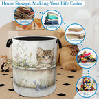Cute Cat Laundry Hamper Bathtub Flowers Laundry Basket Collapsible Portable Clothes Toy Storage Bin for Bathroom Bedroom Room